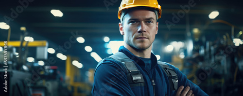 A Machine Operator stands in a factory bright lights illuminating the powerful machines around them. They have one hand on a machine and maintain a determined and confident expression. They wear