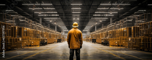 Photographie A solitary Assembly Line Worker stands amid the noise and movement a testament of hard work and dedication in their eyes
