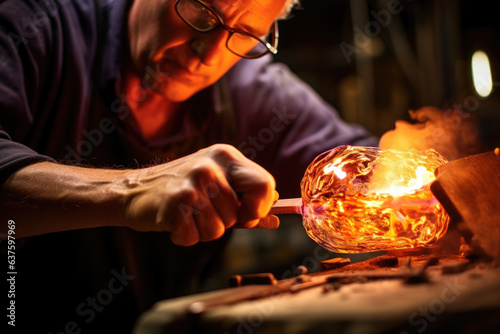 No matter how hot the fire or how demanding the process the glassblower stays unfazed and focused as he creates yet another stunning work of art from the glass. photo