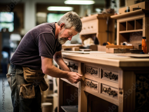 A Furniture Maker examines a handcrafted oak dresser a satisfied smile crossing his face as he takes in the intricate details of the finished product.