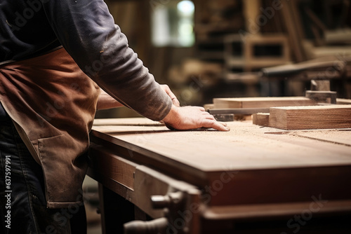 A closeup shot of a stoic Furniture Maker at work in his workshop the sound of sawing in the background as he hand s a mahogany panel for an armoire.