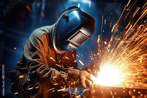 A Boilermaker strikes a powerful pose wearing a dark blue safety helmet and thick gloves as they weld together a complex set of steel parts in a factory. The orange sparks from the welding process