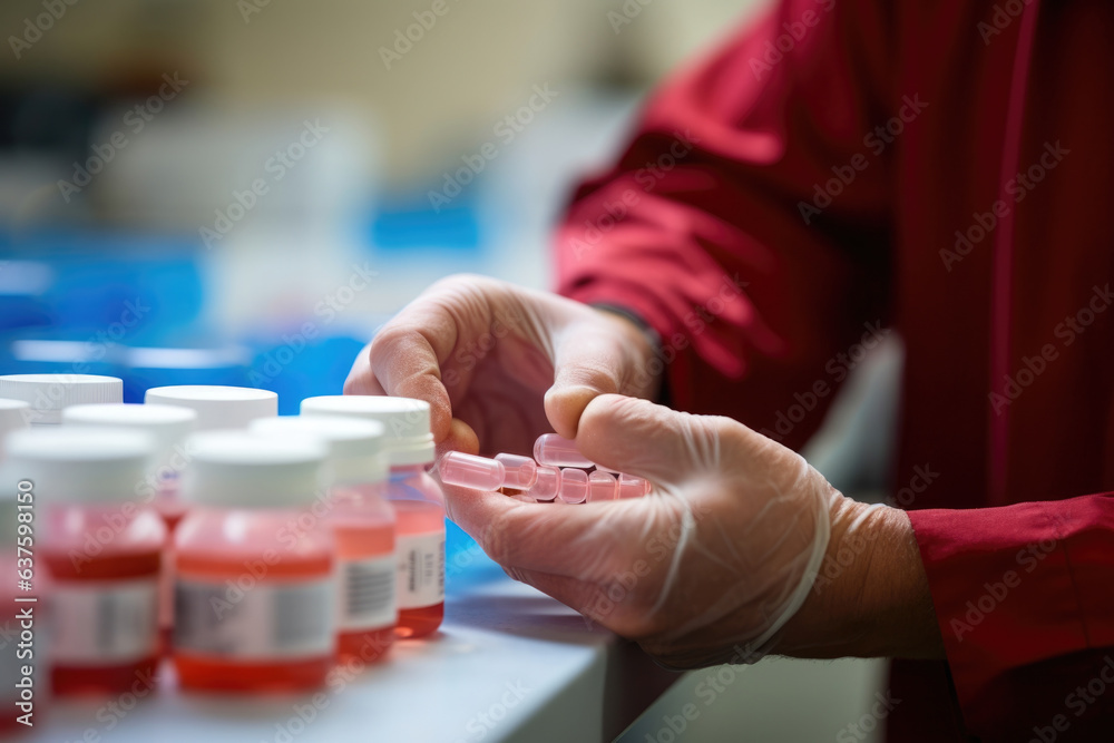 A close up shot of a worker checking the expiry date of a bottle of medicines.