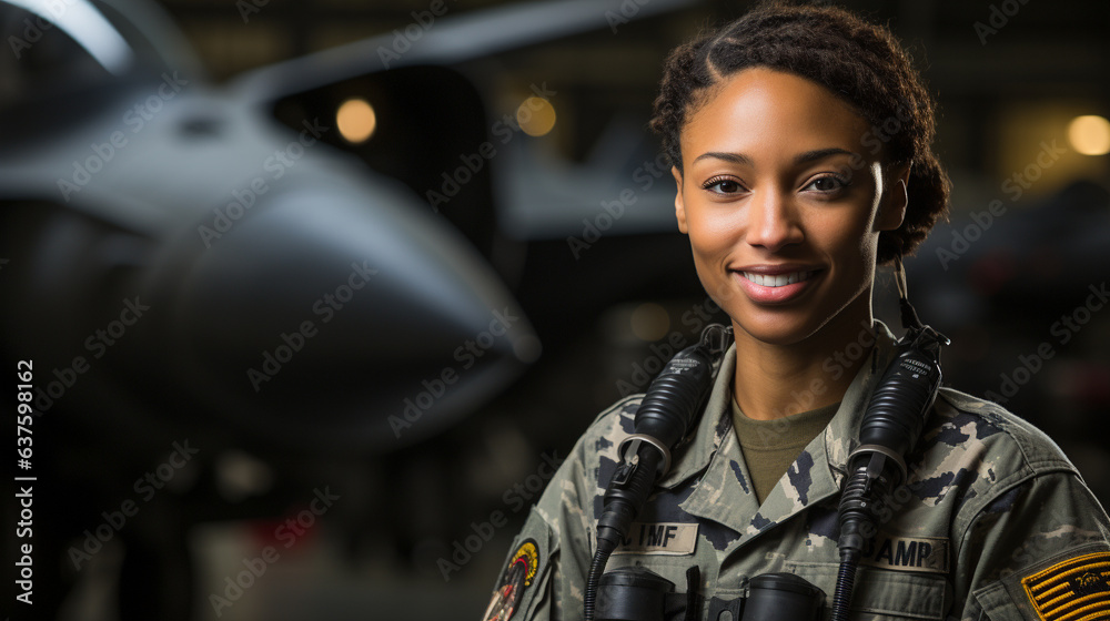 Female African American fighter pilot soldier stands outside her fighter jet - generative AI. Female African American fighter pilot soldier stands outside her fighter jet - generative AI.