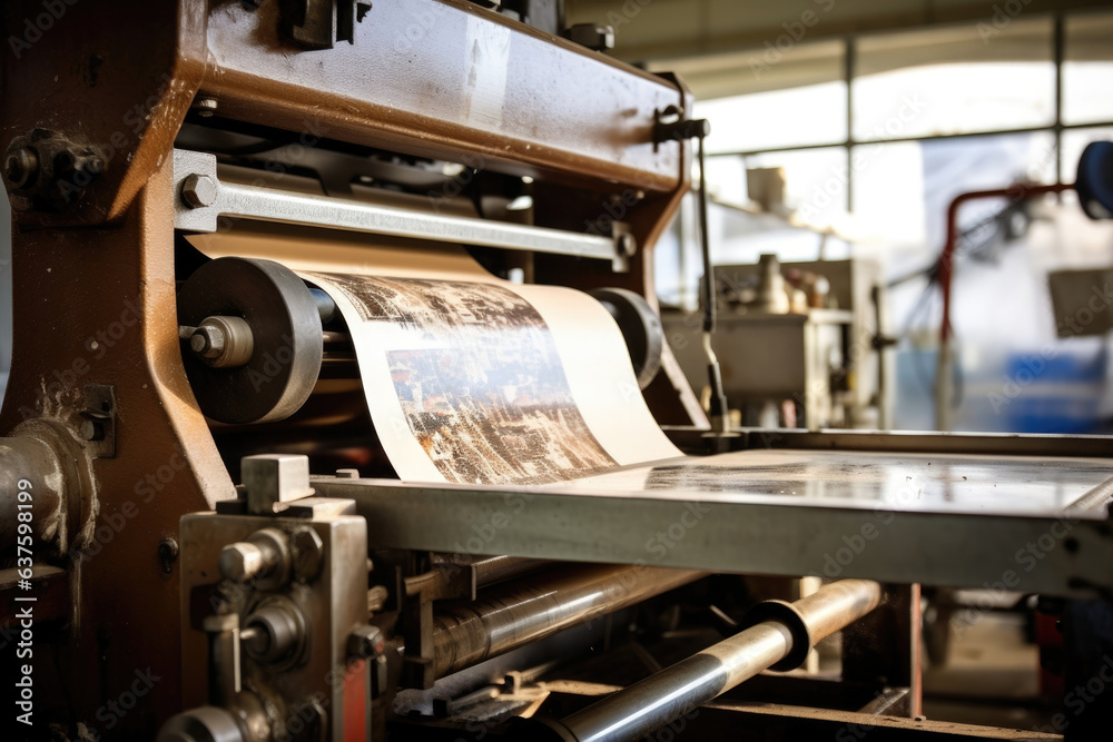 A close up of a printing press with a sheet of paper in the back being reinked and refed for printing. A close up of a printing press with a sheet of paper in the back being reinked and refed for printing.