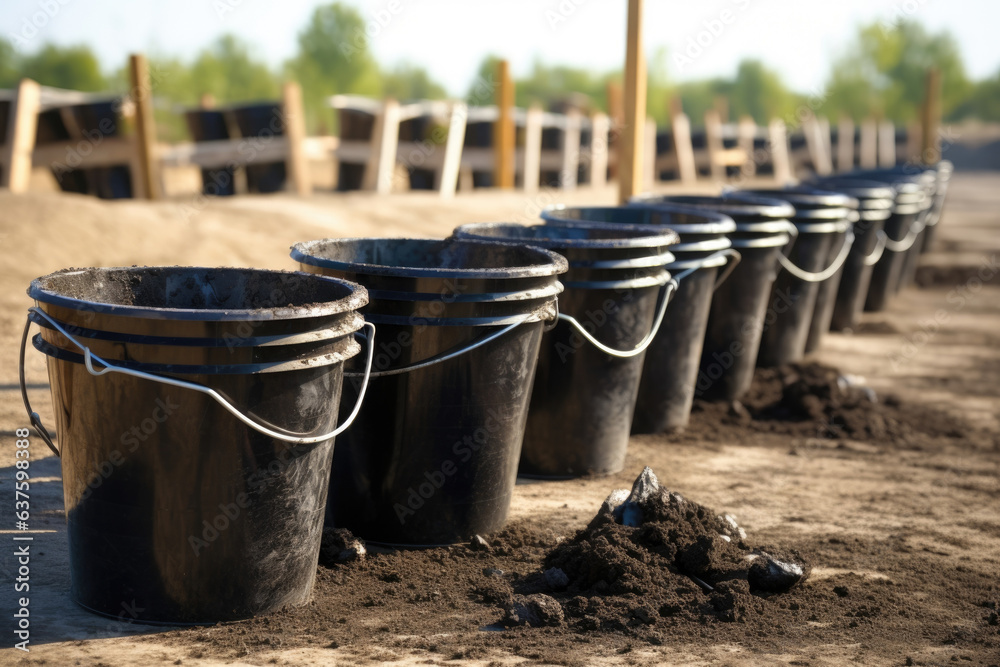 A neat row of buckets filled to the brim with a combination of tar and gravel preparing to be used in construction. A neat row of buckets filled to the brim with a combination of tar and gravel preparing to be used in construction.