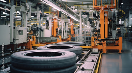 An image of a production line for rolling and shaping tire tread patterns The image shows a production line in a tire manufacturing factory. Along the length of it are several machines each of