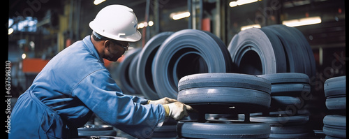 An image of rubber discs being out of the tire for the wheel This image shows a worker in a tire production factory ting out rubber discs from a tire. The worker is wearing a white longsleeved photo