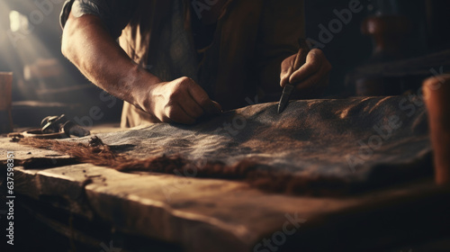 A leatherworker pounding a leather hide with a mallet to soften it. © Justlight