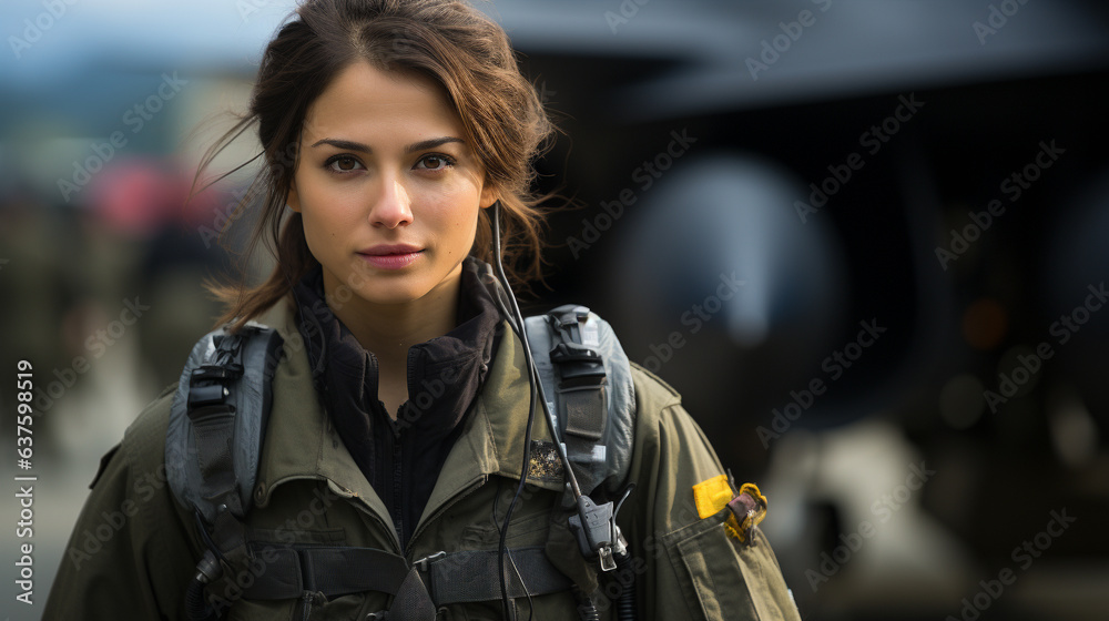Fototapeta premium Mixed Race female fighter pilot soldier standing outside her military fighter jet - generative AI.