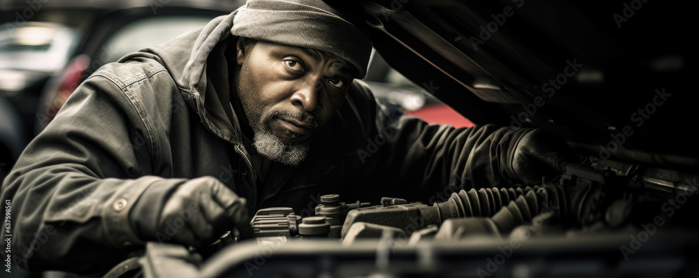 A Mechanic peers out from under the hood of a car engine stretching his arm out to the toolbox some feet away as he searches for the proper tool.