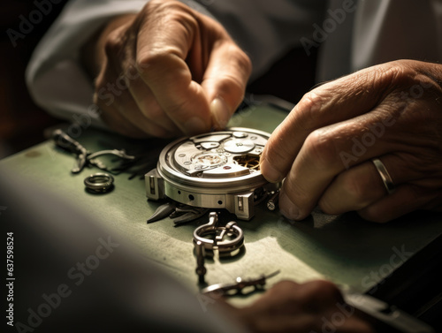 A closeup of a watchmaker carefully winding a watch with a winding key. photo