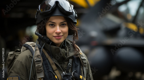 Mixed Race female fighter pilot soldier standing outside her military fighter jet - generative AI. © Andy Dean