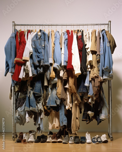 A disheveled clothing rack filled with shirts pants and shoes all of which have been heavily discounted for a final markdown.