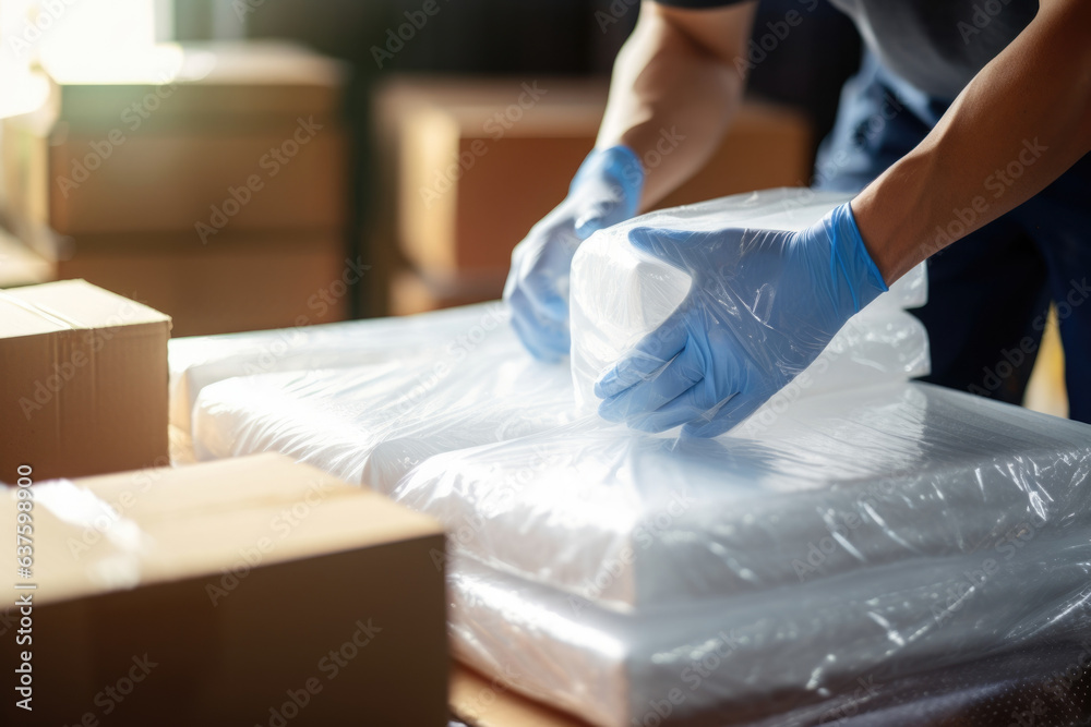 Worker packing boxes with packing materials and bubble wrap to protect shipments. - obrazy, fototapety, plakaty 