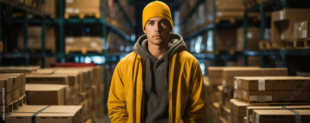 The Warehouse Worker stands at the edge of a row of abandoned pallets intently loading boxes onto a nearby rack. He is dressed in workmans clothing his face partially obscured by a yellow baseball
