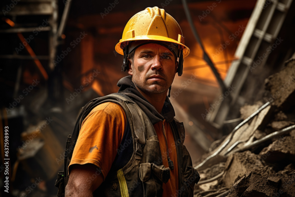 In the ruin of a building stands a figure of a Demolition Worker in a state of brooding readiness. The hard hat and tool belt are extensions of his power and strength while his gaze focusses intently In the ruin of a building stands a figure of a Demolition Worker in a state of brooding readiness. The hard hat and tool belt are extensions of his power and strength while his gaze focusses intently
