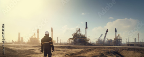 A lone roustabout stoically stands in the middle of a crowded oilfield his shoulders tensed and his brow furrowed as he prepares to tackle the daunting tasks in front of him. photo