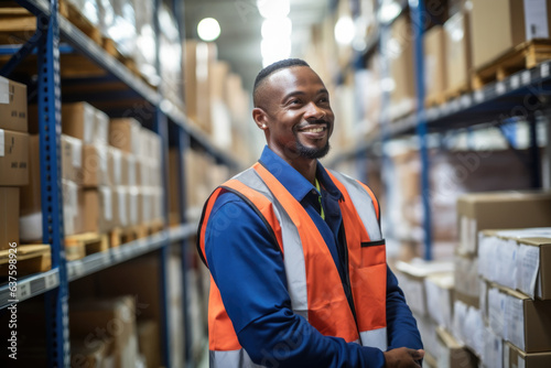 Worker coordinating productivity between the warehouse staff and ensuring that activity is moving smoothly.