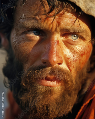 The tired face of a roustabout is illuminated by a bright orange sun his eyes solemn and yet still determined as he looks off into the humid horizon the heat of the day written into the lines of