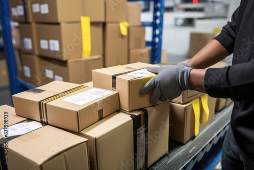 Worker carefully unloading packages from a truck into storage and scanning each packages barcode into a computer. © Justlight