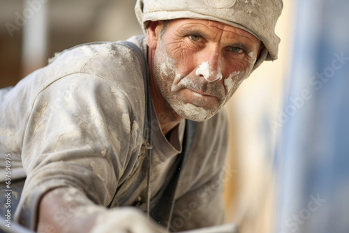 A plasterer looks towards the camera with a determination in his eyes plaster dust clinging to his hair and overalls. He holds a plastering hawk in his left hand a testament years of experience.