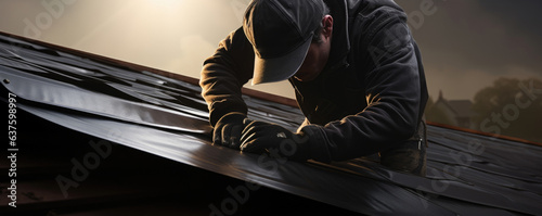A Roofer is caught in the act of screwing a metal flashing onto the roof of a large house. His textured leather gloves protect his hands as he works in the late afternoon sun. photo