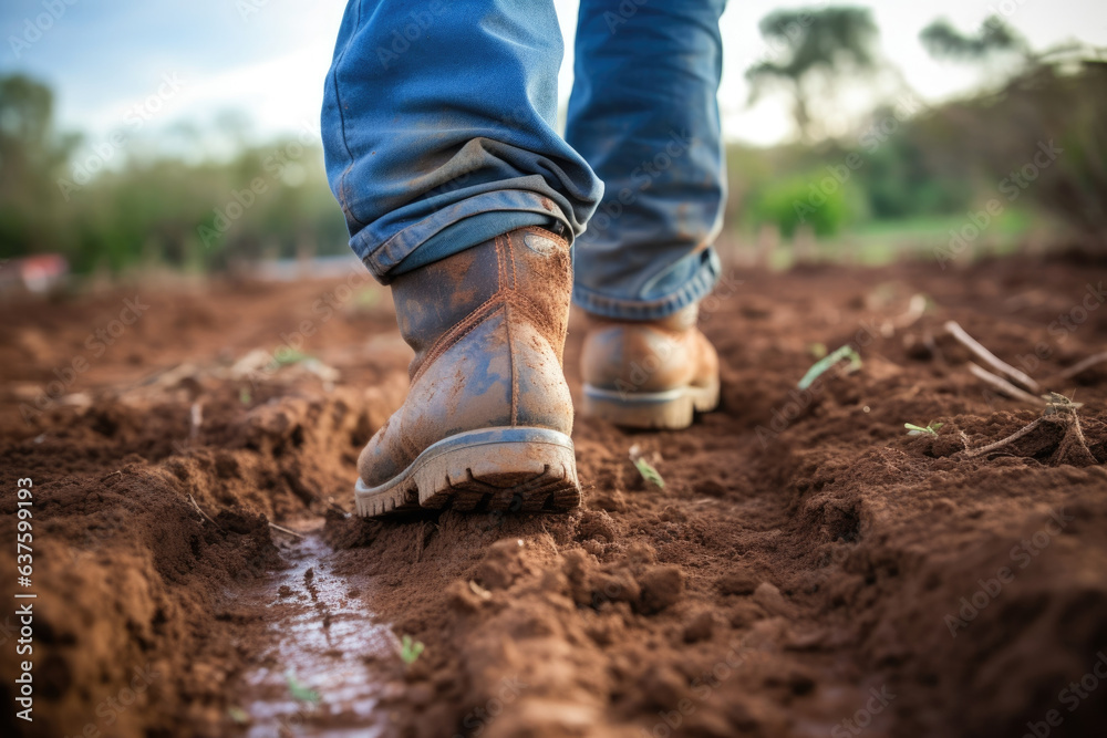 The Farm Workers boots pressed firmly into the cold hard soil as he worked the land cultivating a fresh crop. The Farm Workers boots pressed firmly into the cold hard soil as he worked the land cultivating a fresh crop.