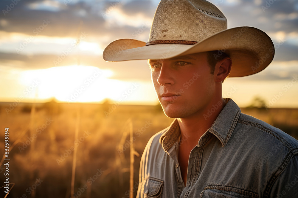 A young and vibrant Ranch Hand eyes the horizon of the ranch a hat ...