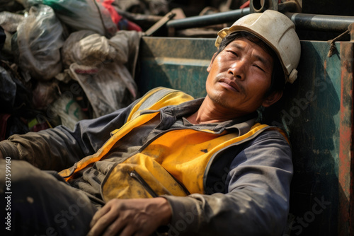 A Garbage Collector pauses midwork to stretch their cramped arms from hard labor and takes a breather a pause of respite before returning to the hard slogging.