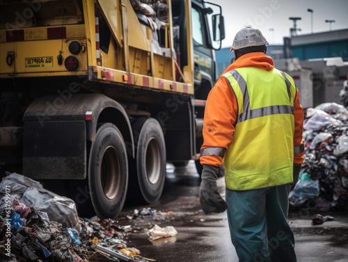 A Garbage Collector stands coolly in the background watching over the delicate process of sorting out potentially dangerous items in the multicolored garbage truck.