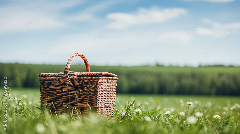 Minimal creative concept photography of weekend with family, picnic basket in empty green field, blue sky, copy space. Minimal creative concept photography of weekend with family, picnic basket in empty green field, blue sky, copy space.
