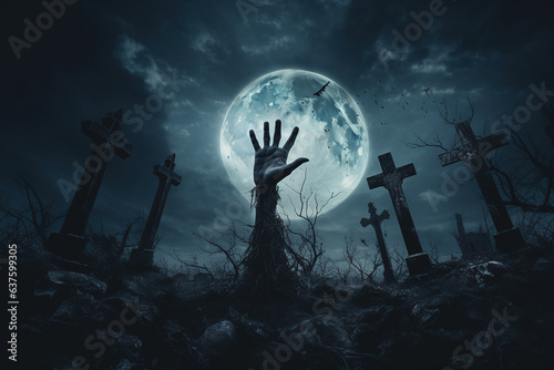 Halloween, dead hand coming out of graveyard Generative AI