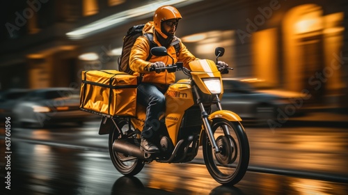 Modern delivery motorcycle driving fast in city traffic. Generative AI