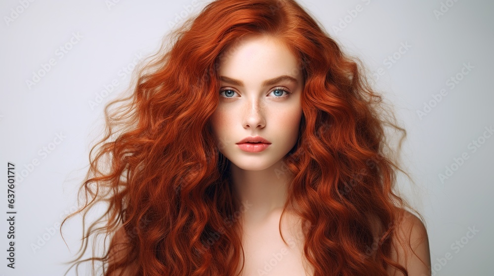 Fototapeta premium Fiery Redhead Portrait: A captivating portrait of a young woman with long, luscious, curly auburn hair. Her striking green eyes and flawless complexion create a mesmerizing image.