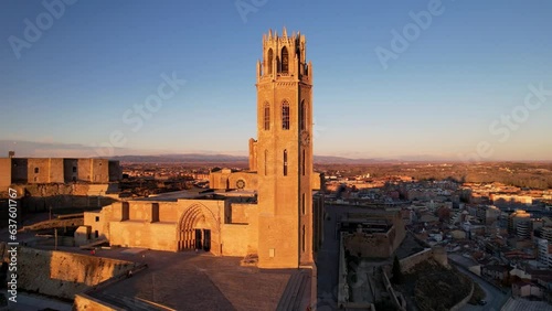 Panoramic aerial drone view of medieval 13th century Cathedral of St Mary of La Seu Vella is symbol of reconquista, typical gothic architecture style, iconic monument in city of Lleida,Catalonia,Spain