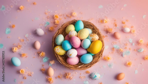 Colorful happy easter eggs in a nest with copy space
