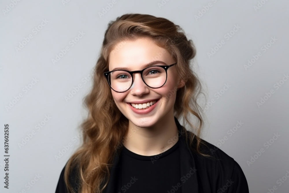 Captivating portrait of a delighted woman donning glasses, exuding happiness and contentment, captured against a plain white background.