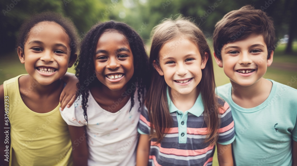Vibrant portrait of a group of diverse, cheerful, and happy multiethnic children enjoying outdoor fun together. Vibrant portrait of a group of diverse, cheerful, and happy multiethnic children enjoying outdoor fun together.