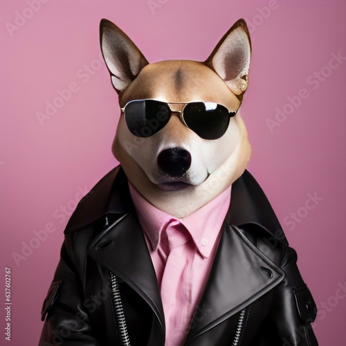 a dog wearing sunglasses and a coat in front of a pink background, in the style of corporate punk