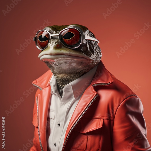 a frog in a red jacket and sunglasses, in the style of photo-realistic hyperbole, retro glamor, handsome