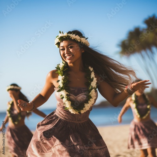 lifestyle photo women hula dancers in hawaii on beach photo