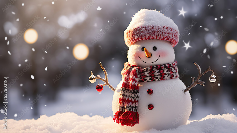A snowman adorned with a festive hat and scarf during the daytime snowfall, with a bokeh background