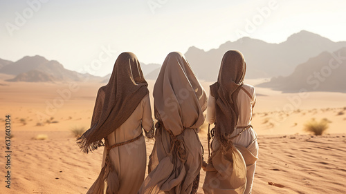 Visitors adorned in traditional Arabian garments set against the desert's picturesque scenery © vectorizer88