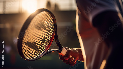 Athlete is in motion, executing a strong swing with a tennis racket © vectorizer88