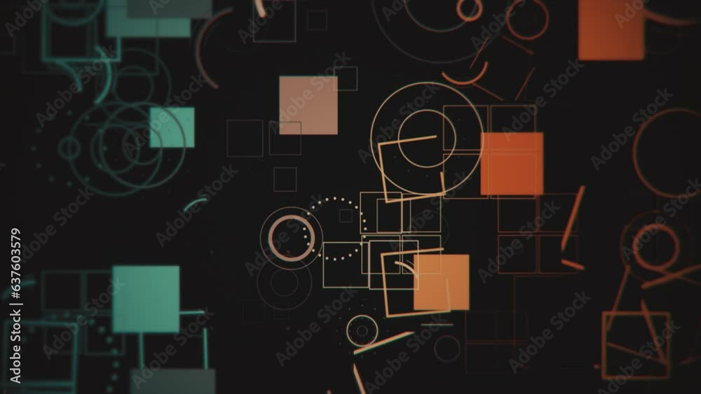 Dynamic abstract background with  various fast moving motion graphics geometric shapes - squares, circles and lines. Full HD and looping background.