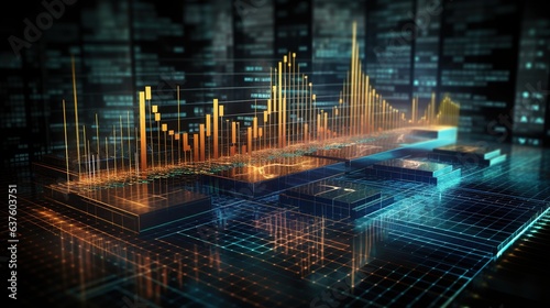 City skyline with digital technology and futuristic architecture illuminated at night