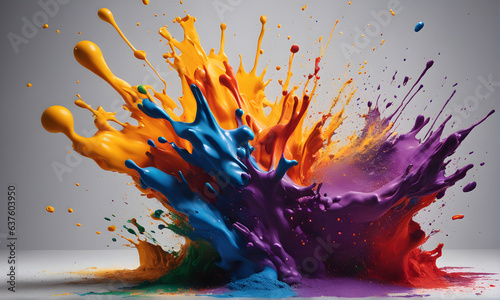 texture explosion of colors Colorful rainbow color acrylic paint flowing down over white background banner panoramic, wide panorama long, dripping colorful liquid