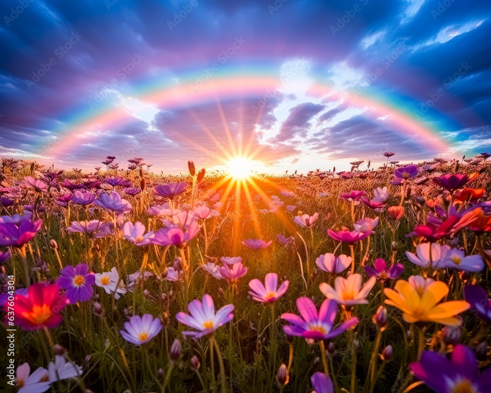 Rainbow over a colorful field full of purple and blue flowers at sunset.
