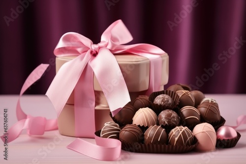 Elegantly Arranged Collection of Chocolates Nestled in a Blush Pink Gift Box: A Flat Composition Infused with Photorealistic Still Life © Lucija